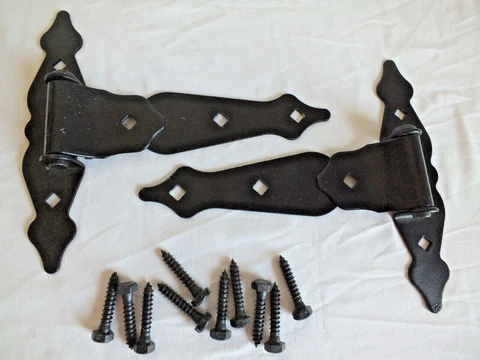 pair black strap barn door T hinges iron heavy duty 8" decorative with 10 screws Cover