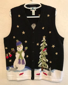 Quacker Factory Sweater Vest Christmas Tree Snowman House Gold Stars Sled Birds - Picture 1 of 20
