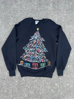 Suéter Cuello Redondo Árbol Navidad Brillo LEE Vintage Años 90 Hecho en EE. UU. Negro Talla L Foto 1 de 4
