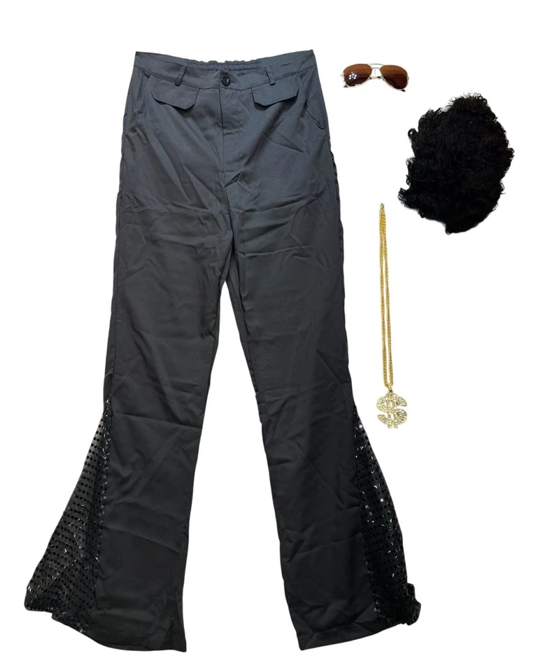 Ретро хиппи 60-х 70-х диско костюм комплект унисекс черные брюки парик ожерелье классический - Изображение 1 из 4