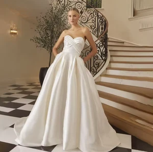 V-Neck Sleeveless Satin A-Line Bride Dress Backless Zipper With Buttons Wedding - Picture 1 of 10