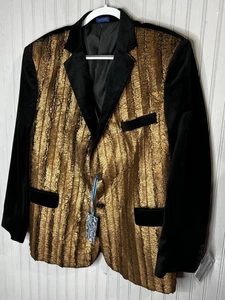 Blu Martini Blazer Mens XL Black Gold Velvet Lapel Metallic Party Jacket Tuxedo - Picture 1 of 11
