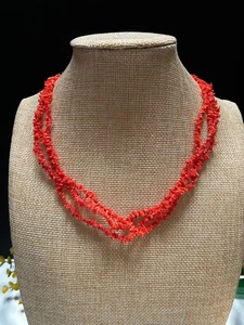 Vintage Tiny Mediterranean Red Coral Branch Triple Strand Sterling Necklace - Picture 1 of 12