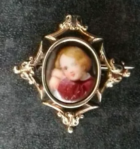 BROSCHE ANTIKES MEDAILLON 10 K GOLD PORTRAIT eines KINDES auf PORZELLAN vor 1900 - Bild 1 von 2