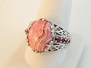 Rhodochrosit Sterlingsilber Ring verziert Fleur de Lis Gr. 11 rosa cz STS - Bild 1 von 12