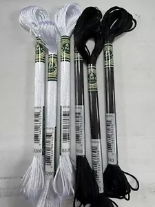 DMC Satin Embroidery Floss~Lot of 6 Skeins~Black S310 and Snow White S5200 - Picture 1 of 5