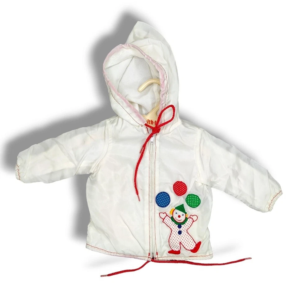 Chaqueta cortavientos vintage Baby Togs blanca con capucha nailon bordado payaso 3-6 m Foto 1 de 4