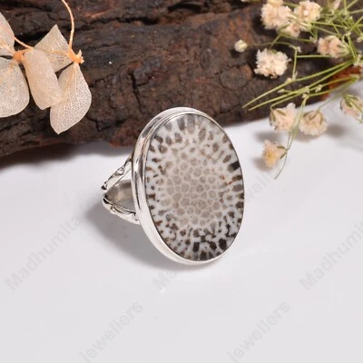 925 Sterling Silver Ring Natural Black Fossil Turquoise Gemstone Women Jewelry - Imagem 1 de 4