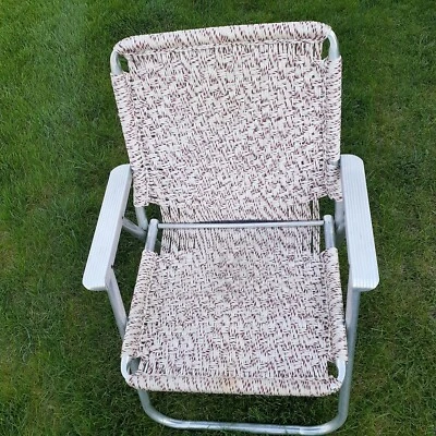 Folding Macrame Lawn Chair Pink White Red Aluminum Frame Beach Camp Pool Patio - Image 1 of 4