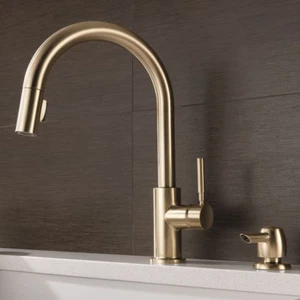 Delta Trask Gold Champagne Bronze Single Handle Deck-mount Pull down faucet - Picture 1 of 6