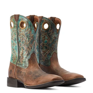 Ariat® Men's Sport Rodeo Brown & Turquoise Square Toe Boots 10042403 - Picture 1 of 7
