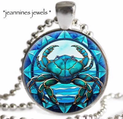 Colar de caranguejo FAUX vitral arte impressão pingente prata câncer signo do zodíaco - Imagem 1 de 4