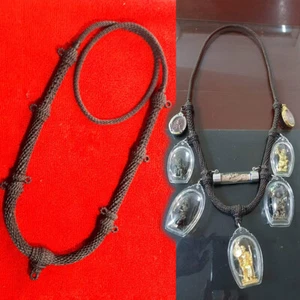 28" Necklace Rope Wax Handmade Thai Style Buddha Pendant Hang 7 Amulet 1 Takrut - Picture 1 of 9