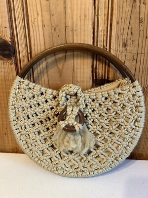 Vintage Large Macramé 15" Woven Crochet Off-White Handbag Boho Purse Round Wood - Image 1 of 4