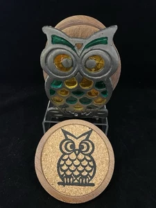 Vtg Owl 1970s Stained Glass Cast Iron Coaster Holder 5.5" Sun Catcher MCM - Picture 1 of 5