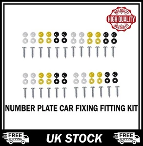 24 x NUMBER PLATE CAR FIXING FITTING KIT SCREWS & CAPS HINGED BLACK YELLOW WHITE - Picture 1 of 3
