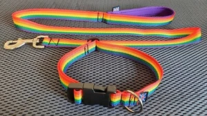 Rainbow LGBTQ Gay Pride DOG COLLAR & LEAD SET 25mm wide 2 sizes of collar +LEAD~ - Picture 1 of 3