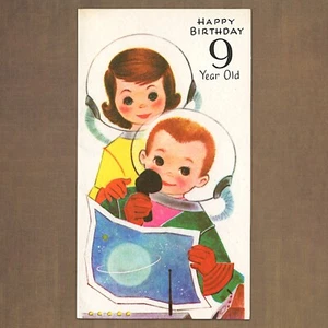 Unused Vintage 1960s 9TH BIRTHDAY Card, Space Age Children Girl Boy Astronauts - Picture 1 of 6