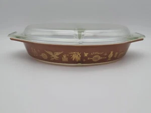 Pyrex Brown Gold Early American 1  1/2 Quart Divided Casserole Dish with Lid - Picture 1 of 13