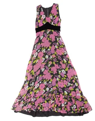 Maxi Vestido De Colección Años 60 Rosa Púrpura Gasa Negro Terciopelo Panal Sin Mangas XS/XXS/932 Foto 1 de 4