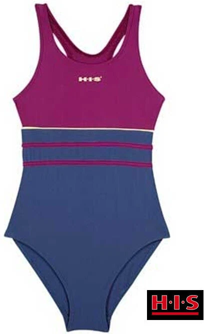 NEU: BADEANZUG KONTRAST STREIFEN RINGERRÜCKEN 140 HIS H.I.S. blau lila *452109 - Bild 1 von 1