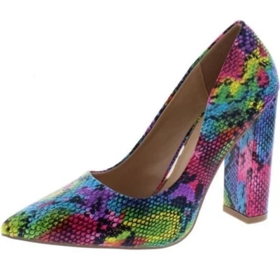 Туфли на блочных каблуках с заостренным носком из розовой радужной змеиной кожи Liliana 11 - Изображение 1 из 4