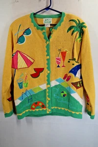 Quacker Factory Cardigan Sweater Size Small Beach Palm Trees Drinks Sequins - Picture 1 of 11