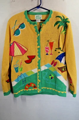 Quacker Factory Cardigan Sweater Size Small Beach Palm Trees Drinks Sequins - Image 1 of 4
