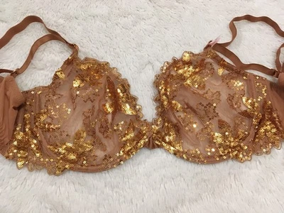 $74 VICTORIA'S SECRET 38D Very Sexy Ziggy Glam GOLD SEQUINS Low Cut Demi Bra - Image 1 of 4