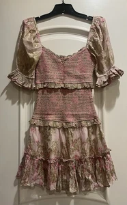 Mini abito Hemant & Nandita rosa e oro metallizzato floreale manica a sbuffo taglia XS - Foto 1 di 8