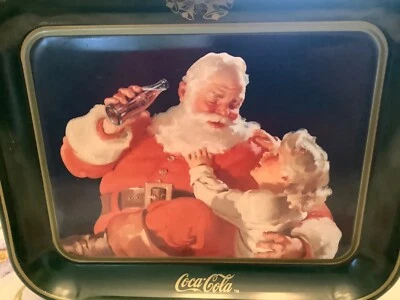 Coca Cola Christmas Tray Santa with Little Girl  1983 - Image 1 of 4