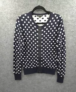 Ann Taylor Cardigan Womens Medium Full Zip Leather Trim Blue Polka Dot NWT - Picture 1 of 14