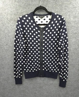 Cárdigan Ann Taylor para mujer mediano cremallera completa ribete de cuero azul lunares nuevo con etiquetas Foto 1 de 4
