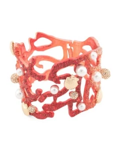 Betsey Johnson Crystal Red Coral Pearl Seashell Hinge Bracelet - Picture 1 of 1