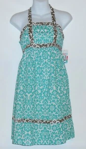 Roxy Girls "I Didn't Do It" Empire Waist Halter Dress Teal White & Brown L NWT - Picture 1 of 2