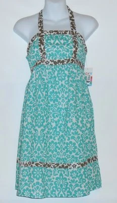 Roxy Girls "I Didn't Do It" Empire Waist Halter Dress Teal White & Brown L NWT - Image 1 of 2