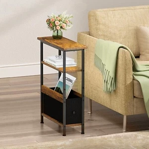 Narrow Side Table End Table with 1 Fabric Drawer Bedside Table Rustic Brown - Picture 1 of 8