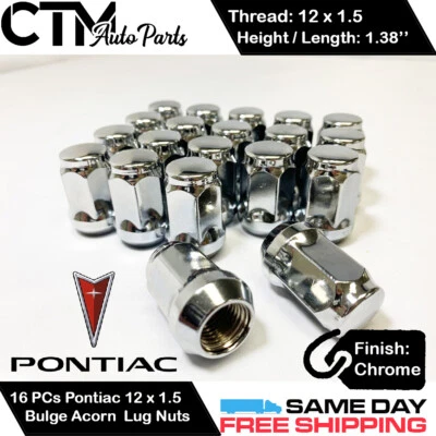 16PC PONTIAC CHROME CONICAL SEAT 12X1.5 WHEEL LUG NUTS BULGE ACORN FOR PONTIAC - Image 1 of 2