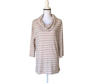 Top túnica Croft & Barrow para mujer beige/blanco a rayas cuello capucha manga 3/4 talla L - Imagen 1 de 8