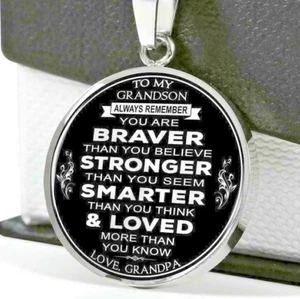 GRANDSON GRANDPA WORD STRONG LOVE BRAVE pendant Sterling Silver 925 22" Chain - Picture 1 of 7