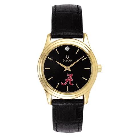 Women's Alabama Crimson Tide Bama Bulova Watch Black Leather Diamond Cover