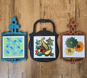 Set of 3 Vintage Fruits and Flowers Tile & Cast Iron Trivets - Japan - Picture 1 of 7