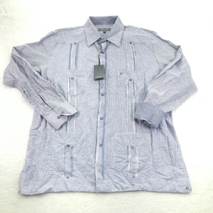 Fernando Pena Shirt Mens Large Blue Stripe Linen Blend 4 Pocket Flip Cuff *Stain - Picture 1 of 12