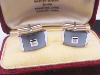 Vintage 14K White Gold & Square Diamond Cufflinks Buttons - Image 1 of 4