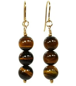 9ct Gold Tiger Eye Gemstone Earrings, Elegant Drop Earrings with Natural Beads - Picture 1 of 7