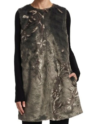 $498 NWT ELIE TAHARI SzM MARSHA FLORAL PRINT FAUX FUR VEST DARK GREY - Image 1 of 4