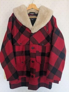 Filson Lined Mackinaw Wool Shearling Packer Coat Buffalo Size M Red Check - Picture 1 of 8