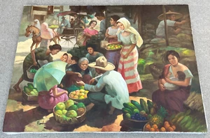Vintage Filipino Philippine School"Market Scene" Oil on Canvas. Signed. 40"x 30" - Picture 1 of 11