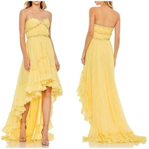 NWT Mac Duggal 68096 Strapless High Low Dress Lemon Yellow Shimmer Chiffon Sz 4 - Picture 1 of 14