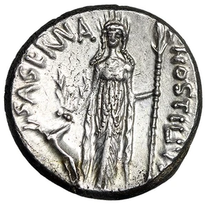 L Hostilius Saserna AR Denar "Gallia, Carnyx / Diana Ephesos" glänzend vz - Bild 1 von 5